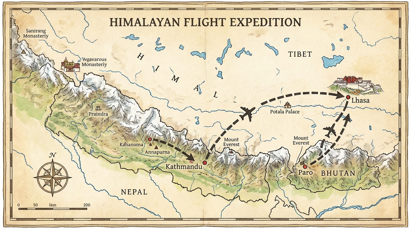 Karte des Himalaya-Raums mit eingezeichneter Route: Pfeil von Paro (Bhutan) nach Kathmandu (Nepal), dann weiter nach Lhasa (Tibet) – alle Verbindungen als Flugrouten dargestellt