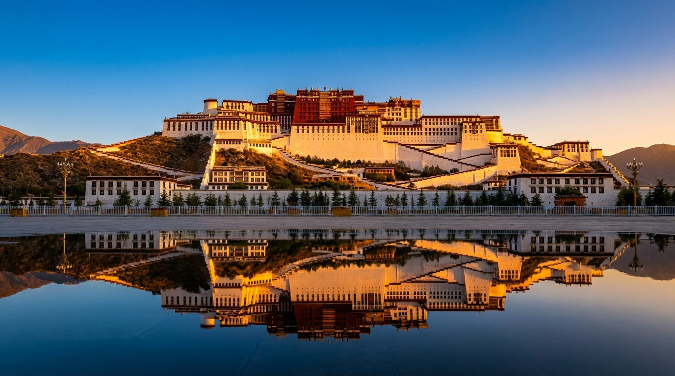 Der Potala-Palast in Lhasa bei Sonnenuntergang: Die weißen und roten Gebäudeteile leuchten golden vor einem wolkenlosen Abendhimmel, im Vordergrund spiegelt sich der Palast in einem Wasserbecken