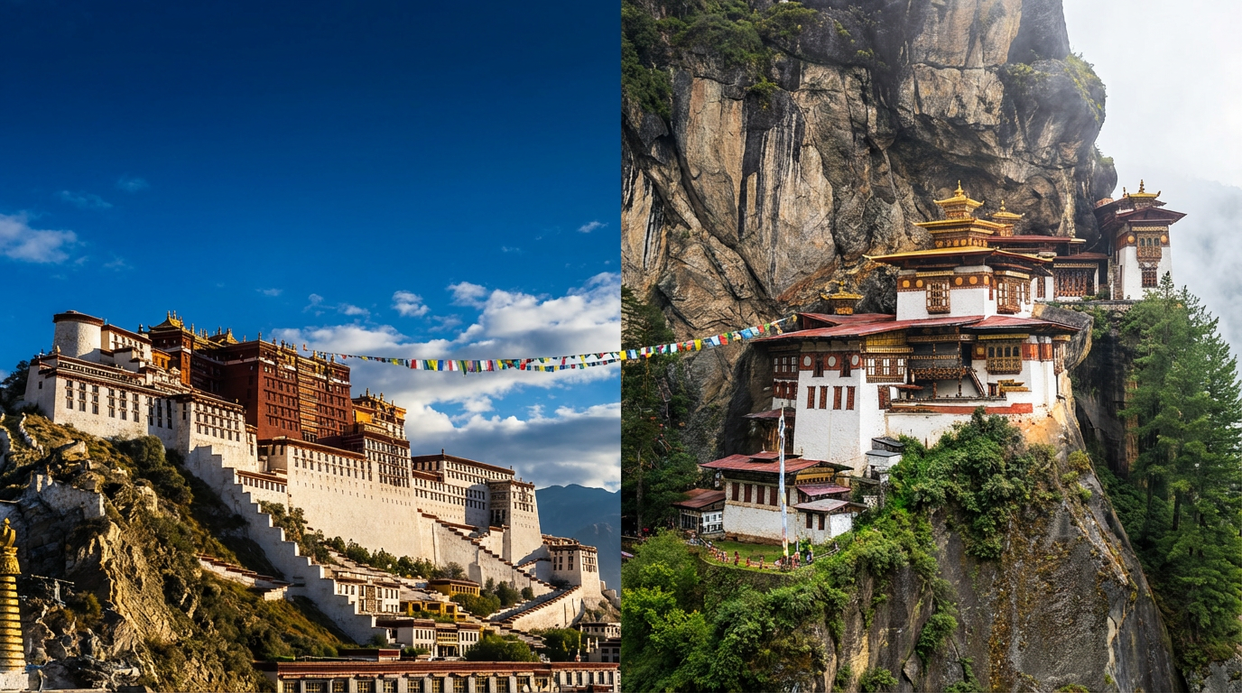 Geteiltes Panoramabild: Links der Potala-Palast in Lhasa vor blauem Himmel, rechts das Tigernest-Kloster in Bhutan an der Felswand – symbolisiert die Verbindung beider Kulturen