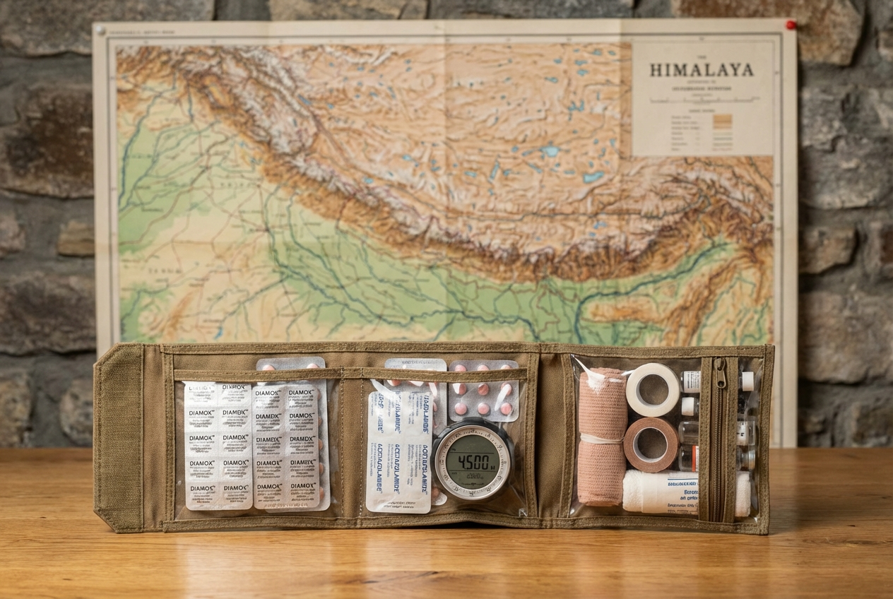 Reiseapotheke mit Medikamenten, Verbandszeug und einem Höhenmesser vor Himalaya-Karte