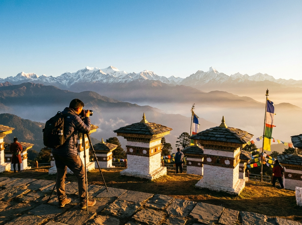 Fotograf bei Sonnenaufgang am Dochula Pass mit 108 Chorten und Himalaya-Panorama