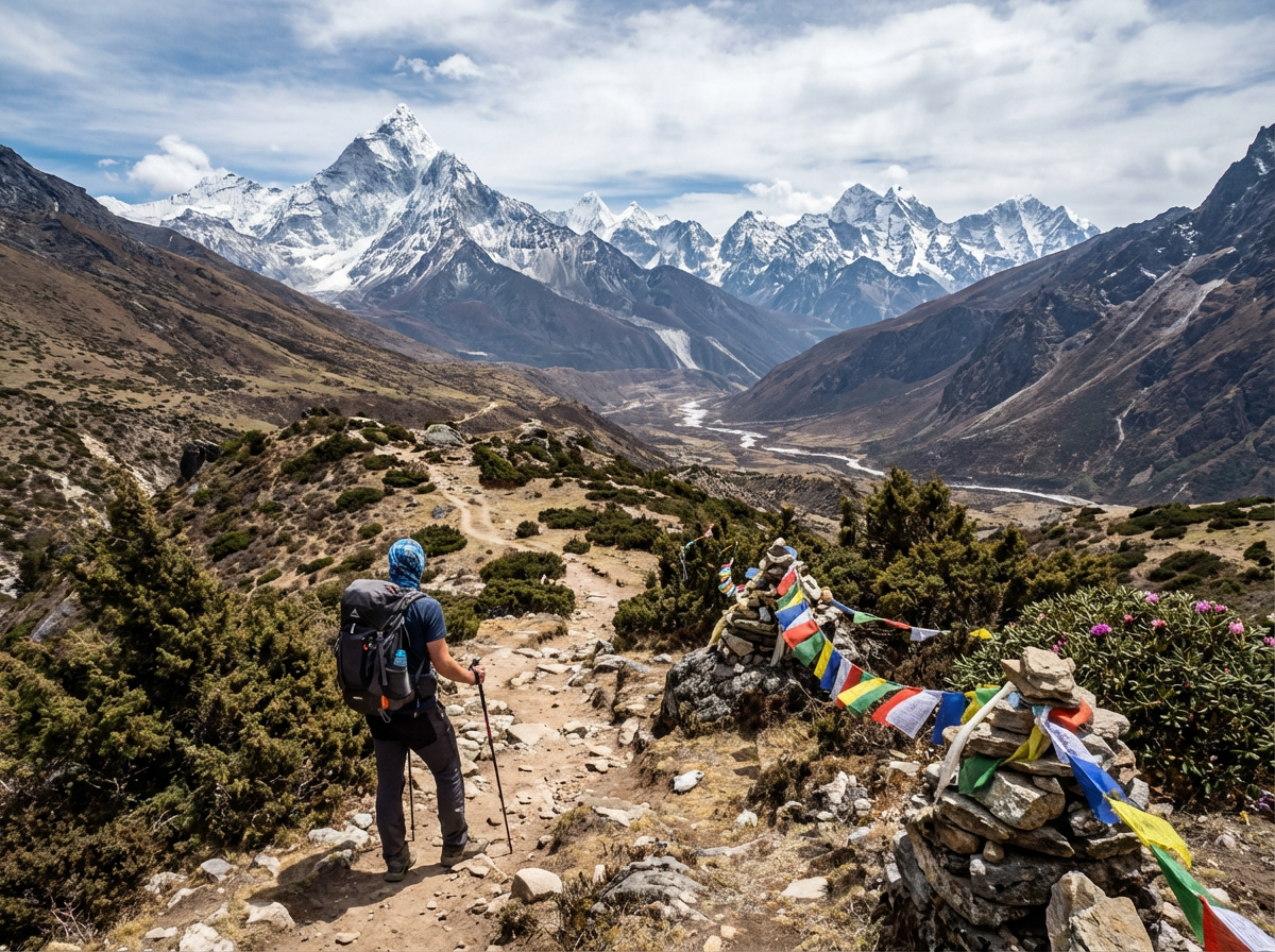 Wanderer auf dem Druk Path Trek mit Blick auf schneebedeckte Himalaya-Gipfel