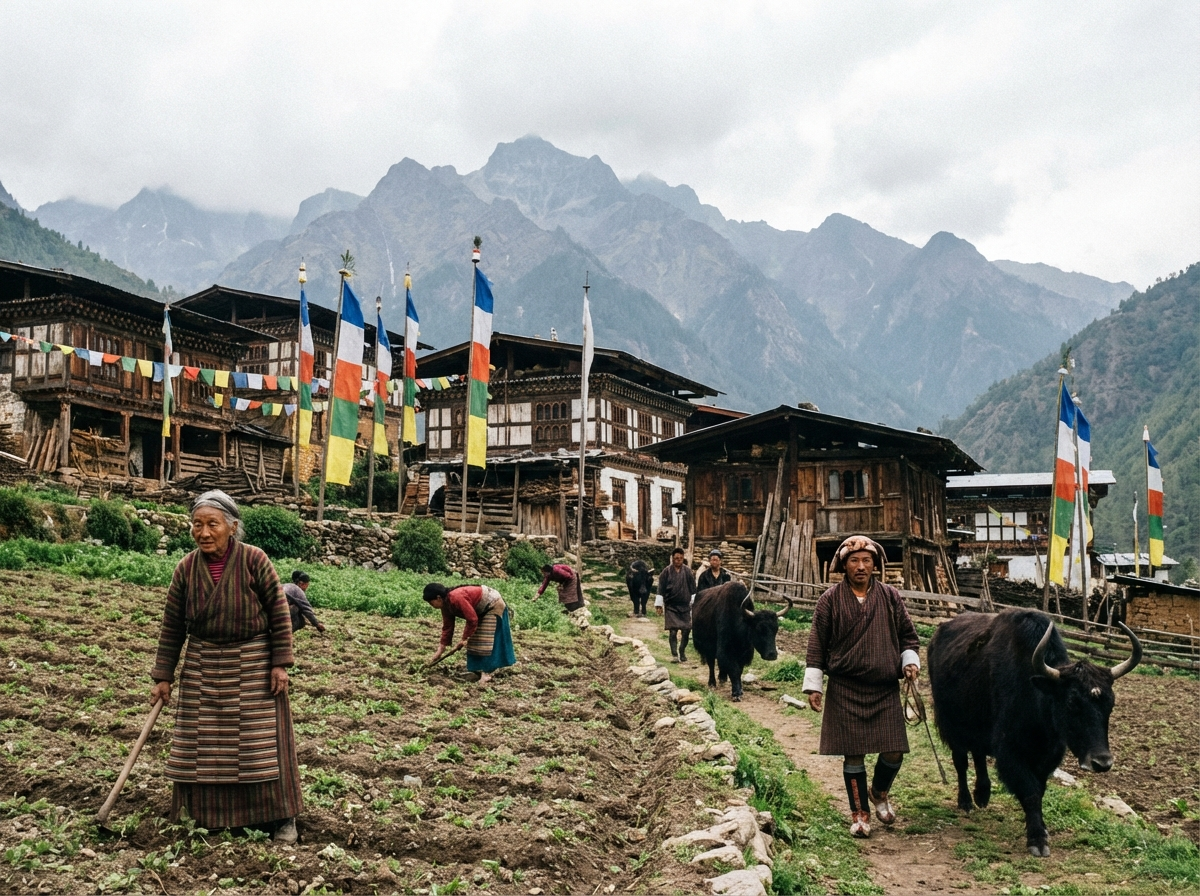 Traditionelles Dorf in Ostbhutan mit Brokpa-Bewohnern in farbenfroher Tracht – authentisches Bhutan abseits der Hauptrouten