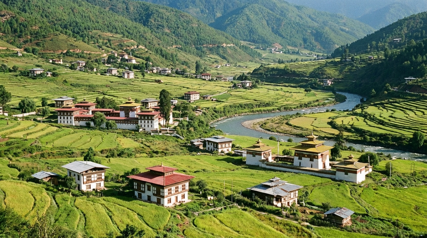 Blick über das grüne Chokhor-Tal in Bumthang mit traditionellen Bauernhäusern und Tempeln