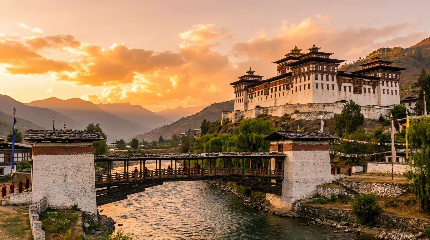 Paro Dzong bei Sonnenuntergang: Die imposante Klosterfestung thront über dem Paro-Tal, davor die historische Holzbrücke über den Paro Chhu Fluss, Berge im Hintergrund in goldenes Abendlicht getaucht