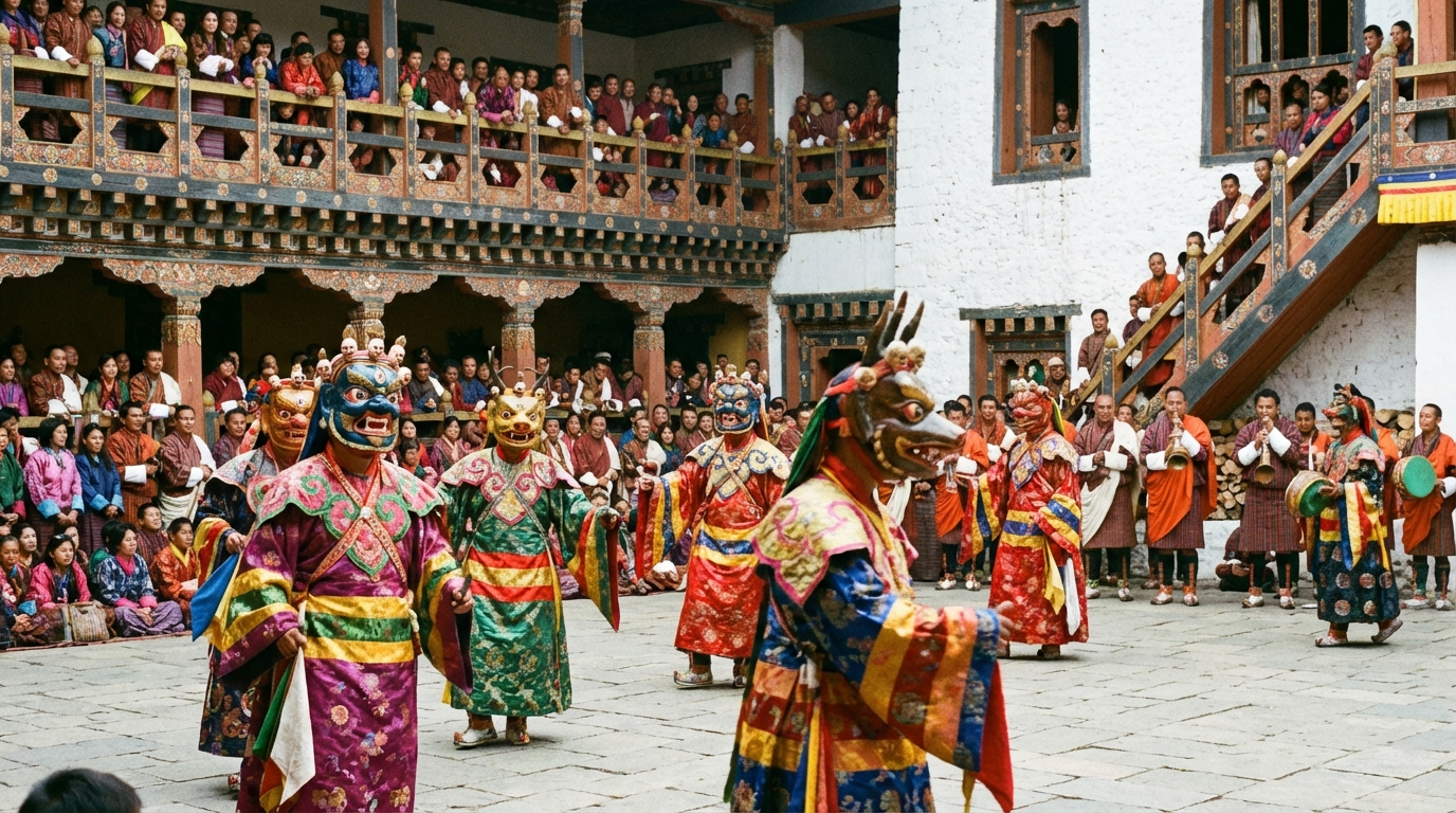 Maskentänzer beim Paro Tshechu: Mönche in farbenprächtigen Kostümen und aufwendigen Masken führen den traditionellen Cham-Tanz im Innenhof des Paro Dzong auf, umgeben von Zuschauern in festlicher Tracht