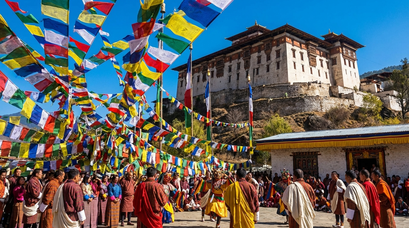 Bunte Gebetsfahnen vor blauem Himmel während eines Tshechu-Festivals, im Hintergrund ein Dzong
