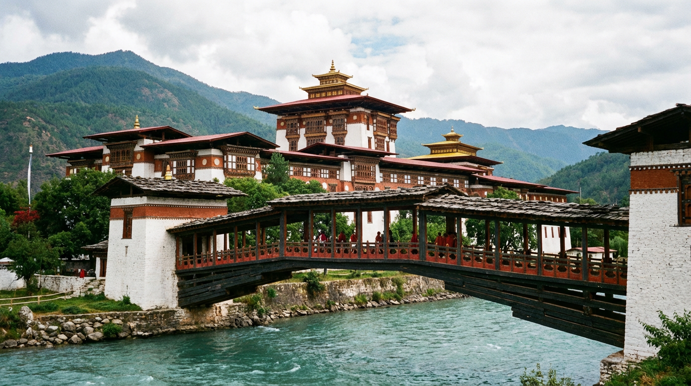 Punakha Dzong von der traditionellen Holzbrücke aus fotografiert: Die mehrgeschossige Klosterfestung erhebt sich majestätisch am Zusammenfluss zweier Flüsse, im Vordergrund die überdachte Holzbrücke mit roten Geländern