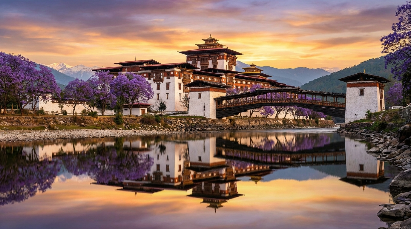 Punakha Dzong bei Sonnenuntergang: Die massive weiße Klosterfestung spiegelt sich im ruhigen Wasser des Mo Chhu Flusses, umgeben von blühenden Jacaranda-Bäumen mit lila Blüten