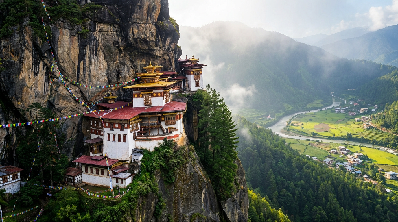 Das Tigernest-Kloster (Paro Taktsang) klebt spektakulär an einer fast senkrechten Felswand, umgeben von Gebetsfahnen, mit dem grünen Paro-Tal 900 Meter tiefer im Hintergrund