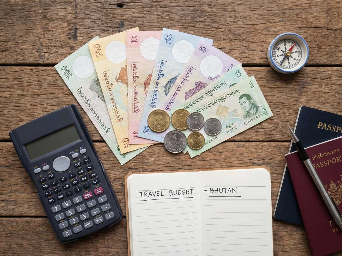 Bhutanische Ngultrum-Geldscheine und Taschenrechner auf einem Tisch