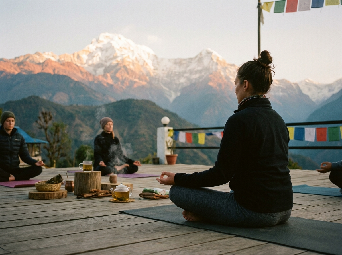 Yoga-Session im Freien mit Blick auf Himalaya-Berge bei Sonnenaufgang