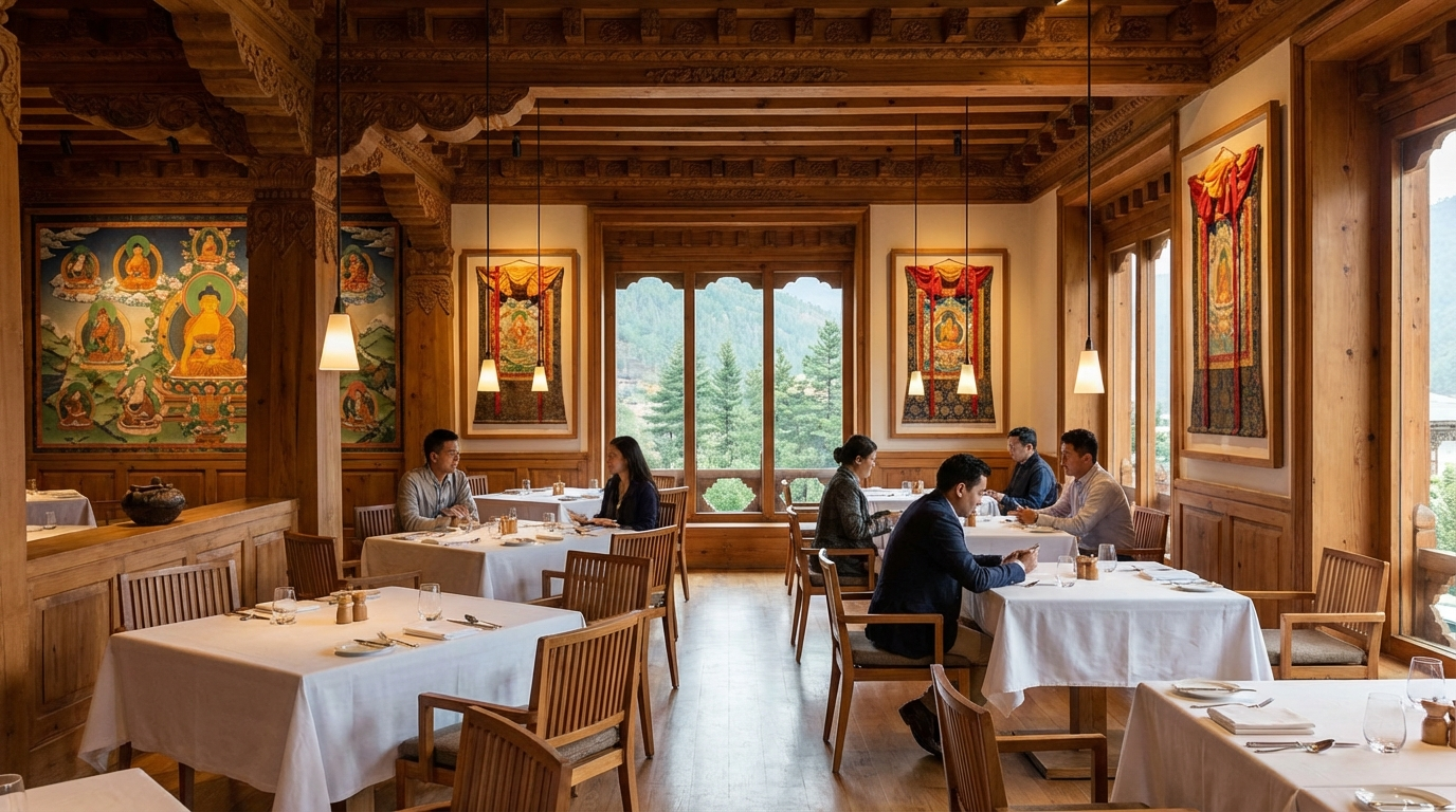 Como Uma Paro Restaurant: Elegantes Speiselokal mit warmem Holzinterieur, gedeckten Tischen mit weißen Tischdecken, bhutanischen Kunstwerken an den Wänden