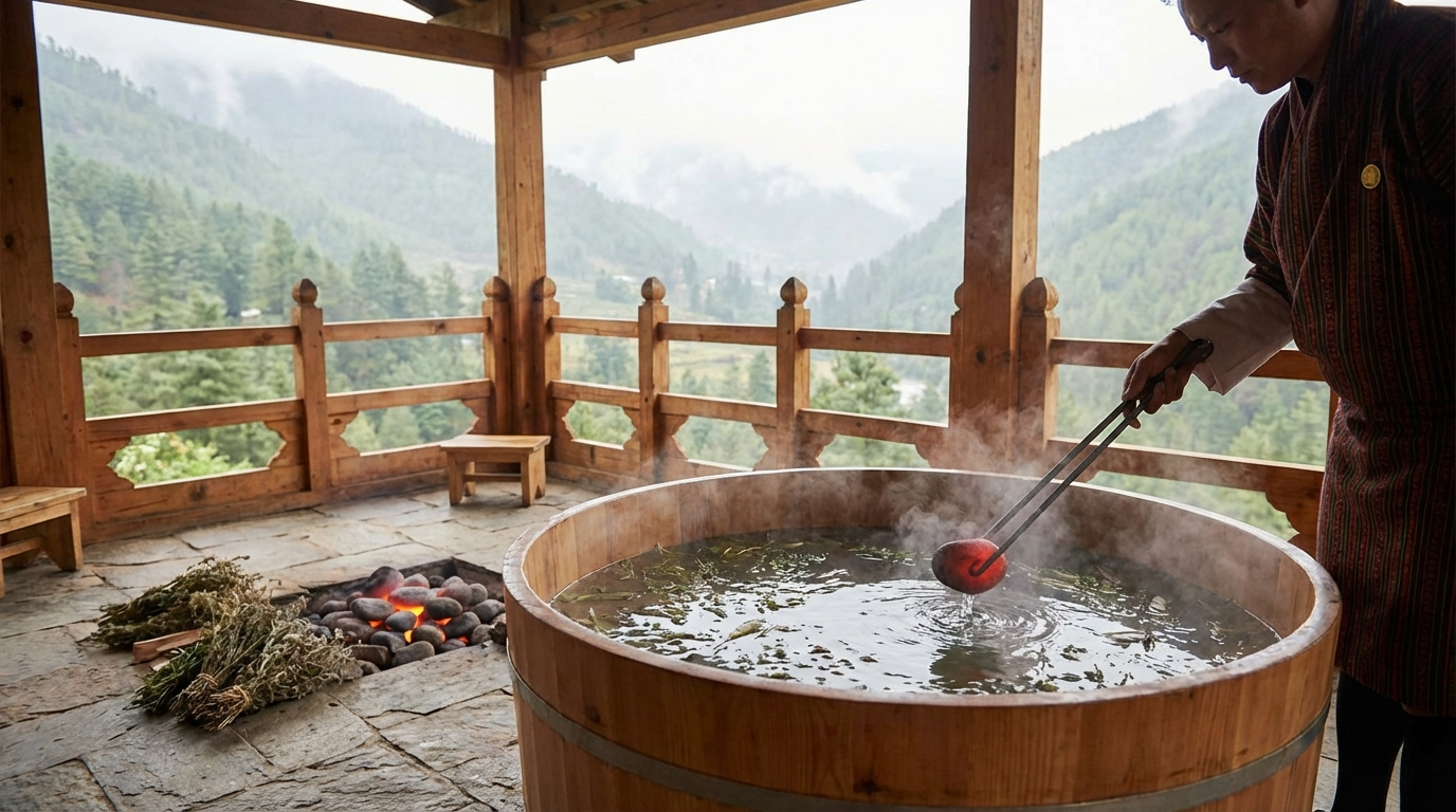 Traditioneller bhutanischer Hot Stone Bath: Holzwanne im Freien mit dampfendem Wasser, glühende Steine werden mit Zange hinzugefügt, Kräuterdämpfe steigen auf