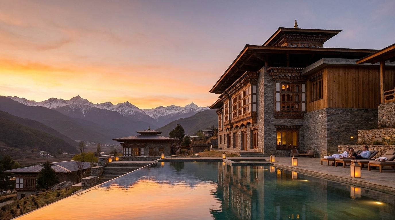 Six Senses Lodge in Bhutan: Modernes Gebäude im traditionellen bhutanischen Baustil mit Infinity-Pool, umgeben von Himalaya-Panorama bei Sonnenuntergang