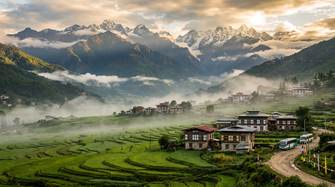 Panoramablick über das Paro-Tal in Bhutan mit traditionellen Häusern, grünen Reisterrassen und schneebedeckten Himalaya-Gipfeln im Hintergrund – typische Landschaft einer Bhutan-Rundreise