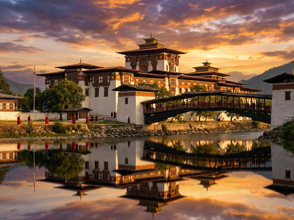 Punakha Dzong bei Sonnenuntergang mit Spiegelung im Fluss – prächtigste Klosterfestung Bhutans