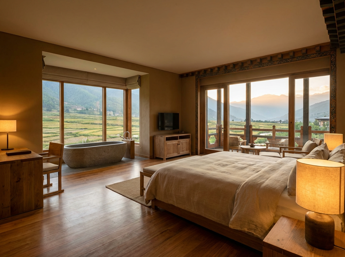 Luxuriöse Suite im Six Senses Bhutan mit Panoramafenster und Blick auf Reisterrassen