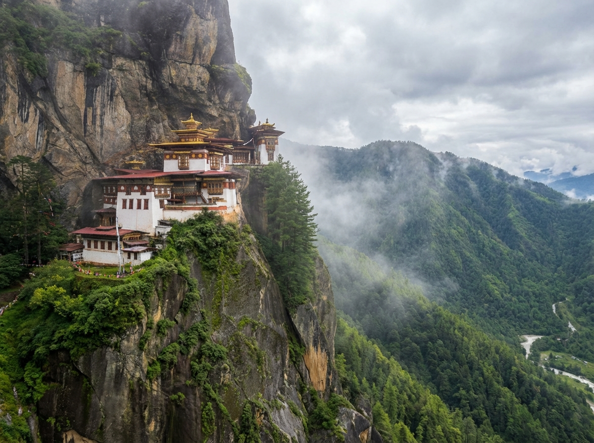 Das Tigernest-Kloster (Paro Taktsang) an der Felswand mit Blick auf das Tal – Hauptattraktion jeder 7-Tage-Rundreise durch Bhutan