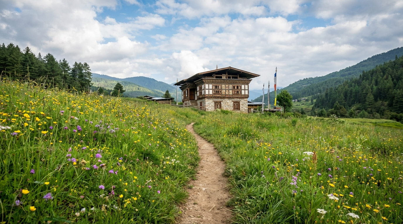 Wanderweg durch blühende Almwiesen im Bumthang-Tal mit traditionellem Bauernhaus im Hintergrund