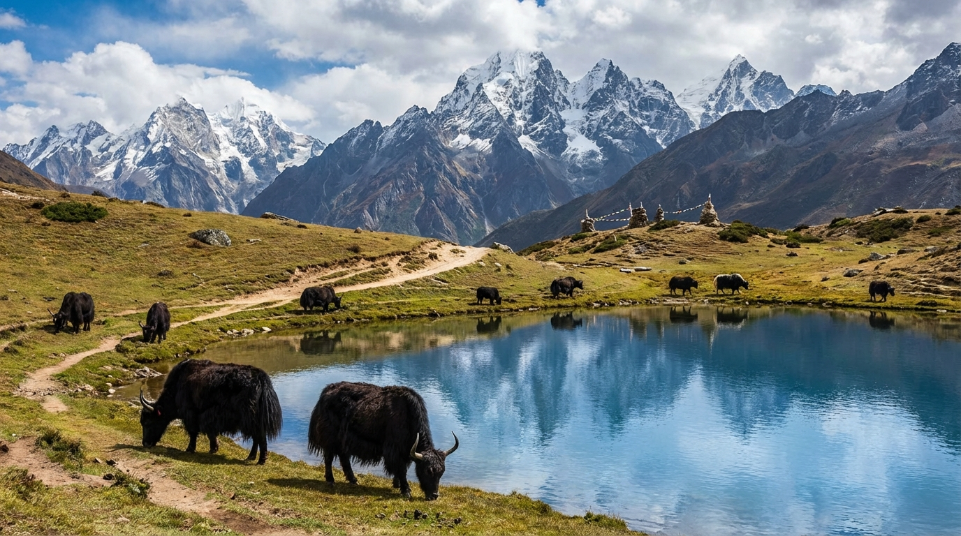 Hochgebirgssee auf dem Dagala Plateau mit Yaks am Ufer und Bergspitzen im Hintergrund