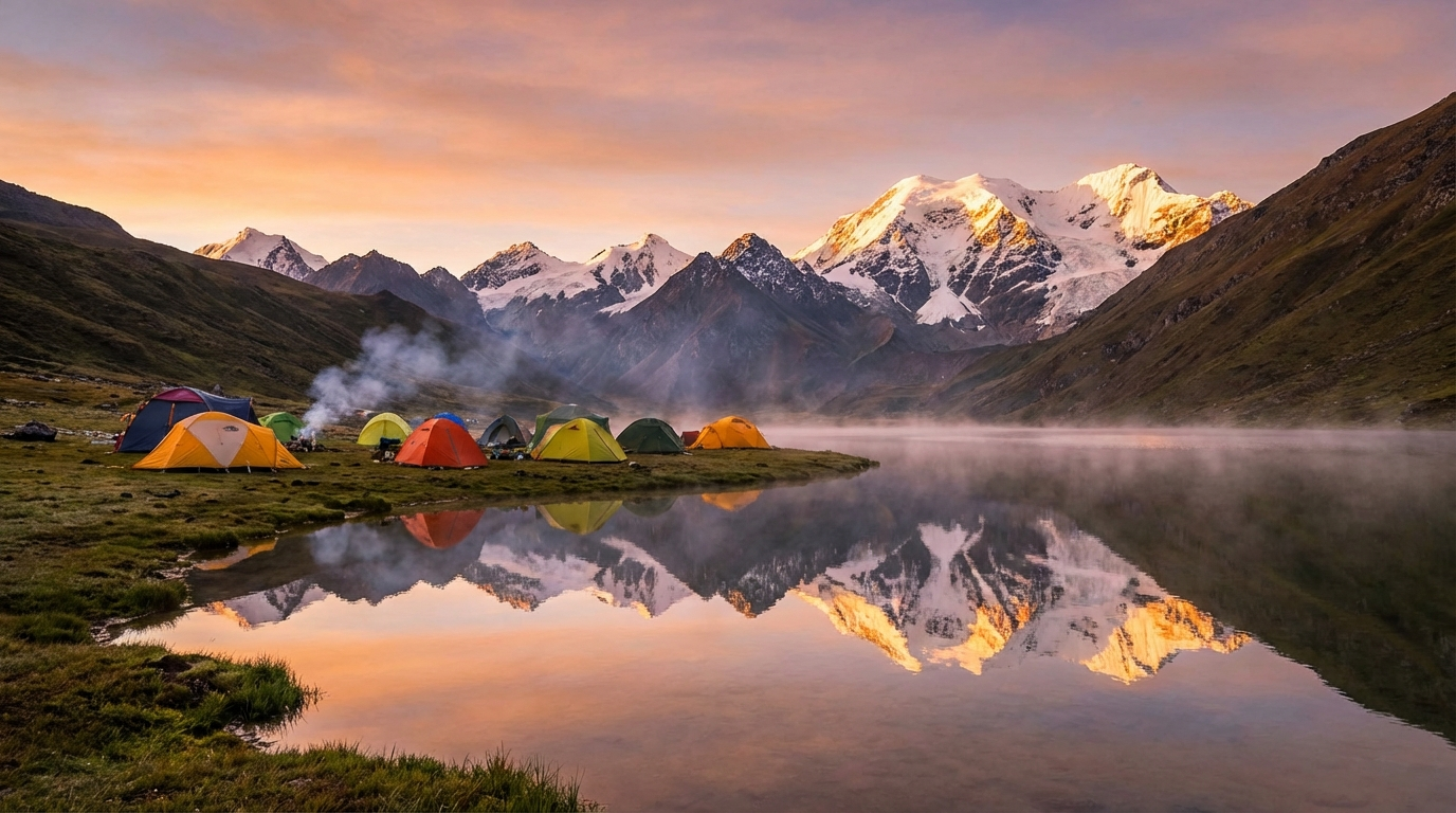 Zeltcamp am Jimilang Tsho See auf dem Druk Path Trek mit spiegelndem Wasser und Bergkulisse bei Sonnenaufgang