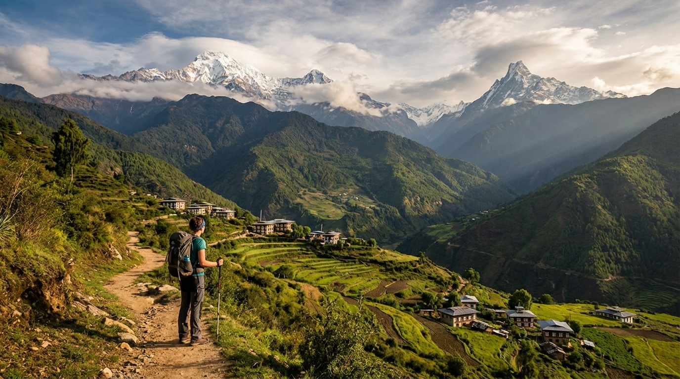 Trekker auf einem Bergpfad in Bhutan mit Blick auf schneebedeckte Himalaya-Gipfel und grüne Täler im Hintergrund
