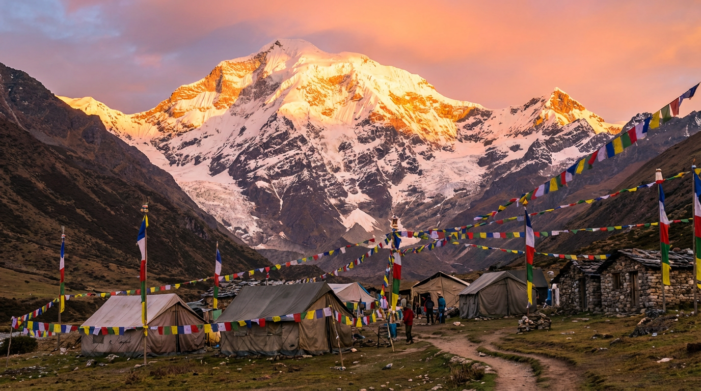 Mount Jomolhari (7.326 m) im Morgenlicht mit dem Jangothang Basecamp im Vordergrund und Gebetsfahnen