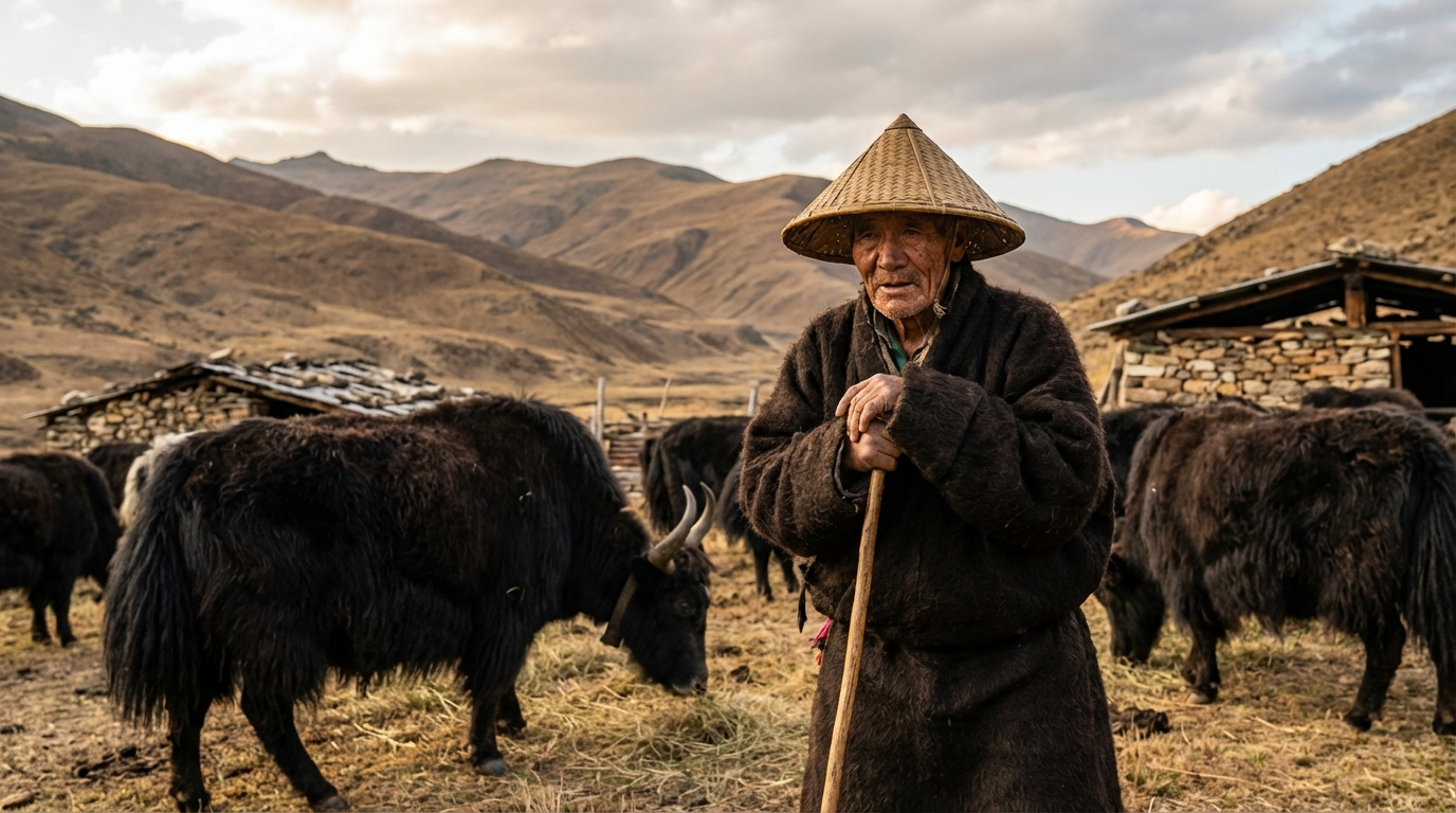 Brokpa-Hirte in traditioneller Yakhaartracht mit Yak-Herde in der kargen Berglandschaft Ostbhutans