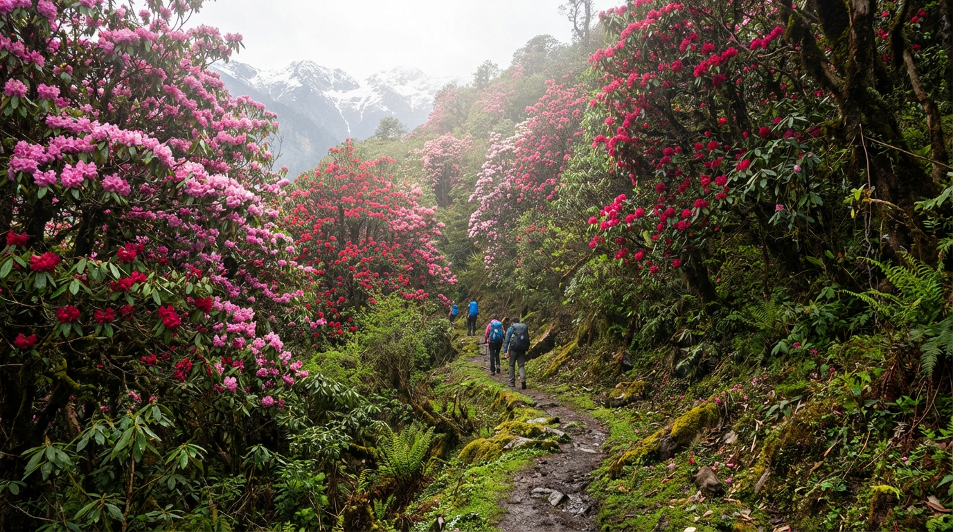 Blühende Rhododendron-Wälder im Frühling auf einem Trekking-Pfad in Bhutan