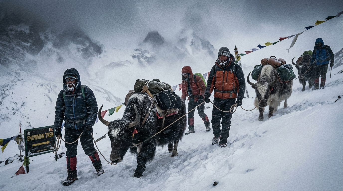 Schneesturm auf einem Hochgebirgspass während des Snowman Treks mit Trekking-Gruppe und Tragtieren
