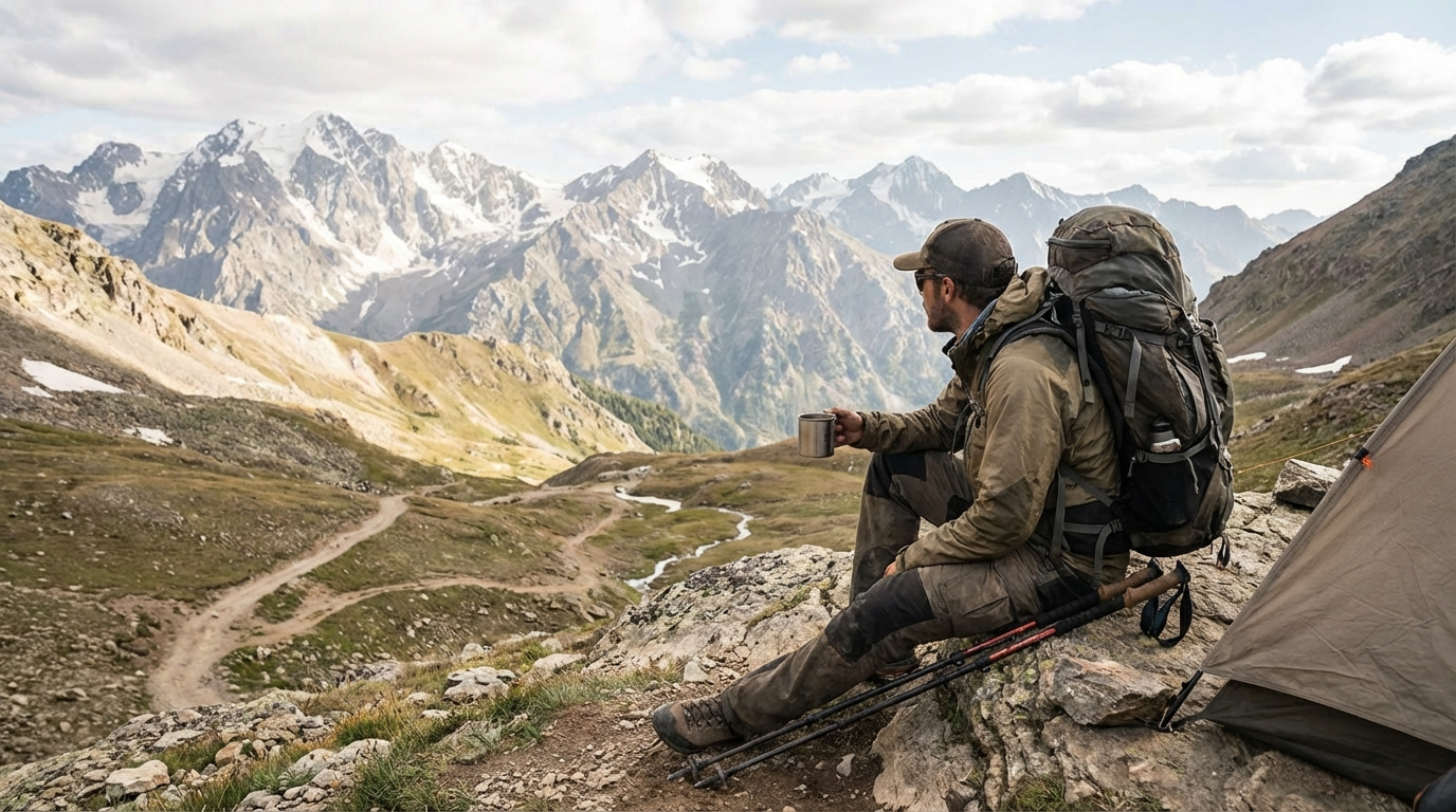 Trekker bei der Rast auf einem Hochgebirgspass mit Blick auf schneebedeckte Gipfel