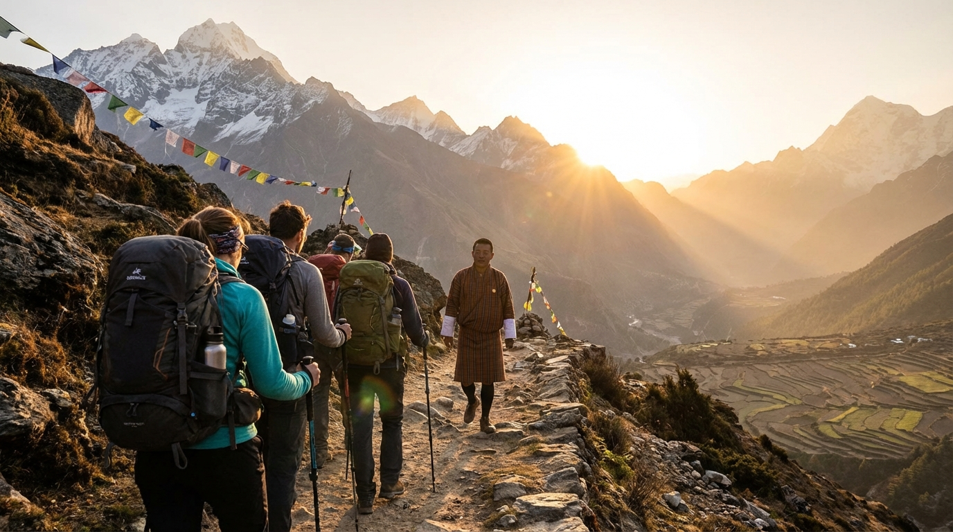 Gruppe von Trekkern mit Guide auf einem Bergpfad in Bhutan bei Sonnenaufgang