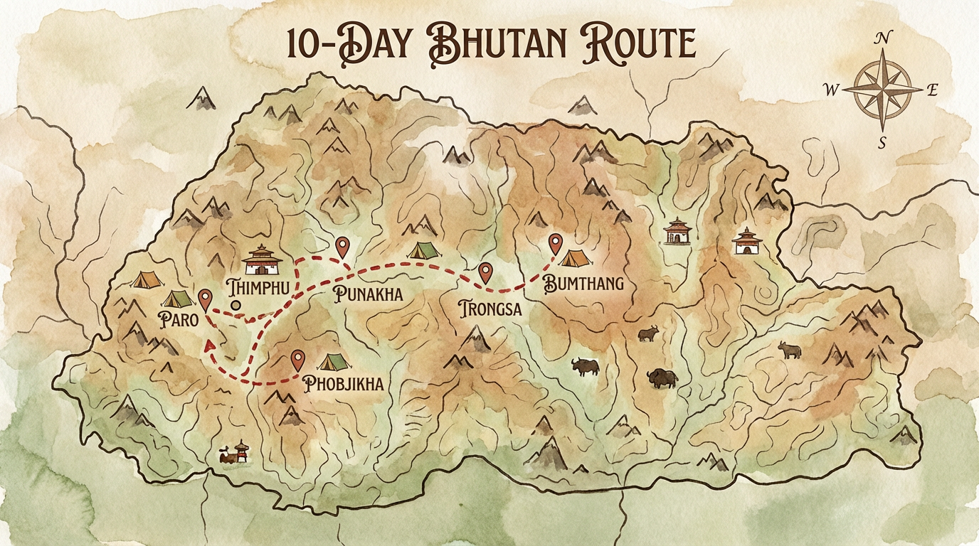Übersichtskarte der 10-Tage-Bhutan-Route: Gestrichelte Linie von Paro über Thimphu, Punakha, Trongsa nach Bumthang, dann via Phobjikha zurück nach Paro mit Markierungen der Übernachtungsorte
