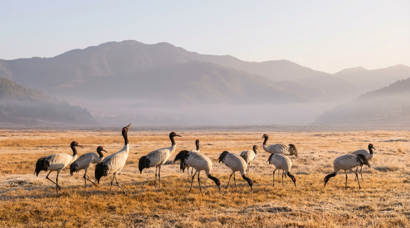 Schwarzhalskraniche im Phobjikha-Tal: Gruppe von etwa zehn eleganten schwarz-weißen Vögeln auf einer Sumpfwiese mit Bergen im Hintergrund