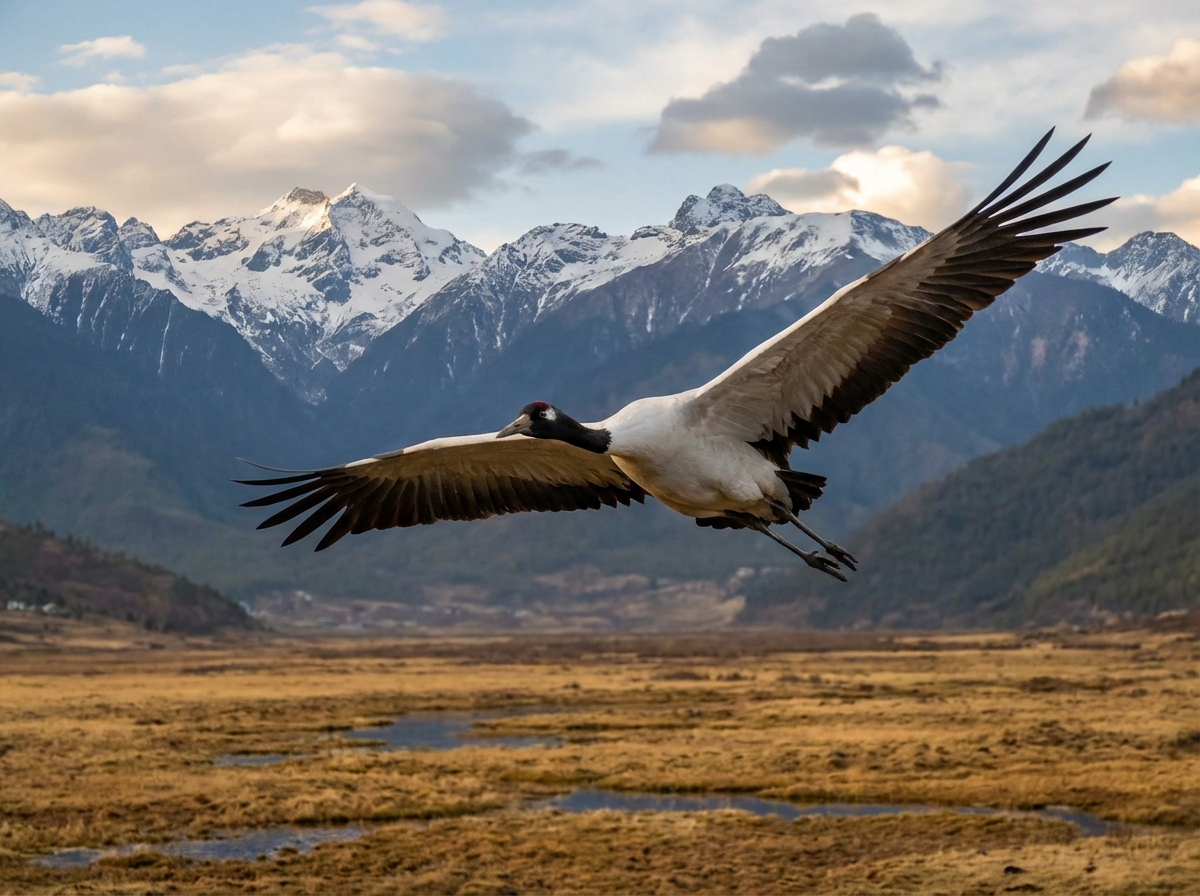 Schwarzhalskranich im Flug über dem Phobjikha-Tal