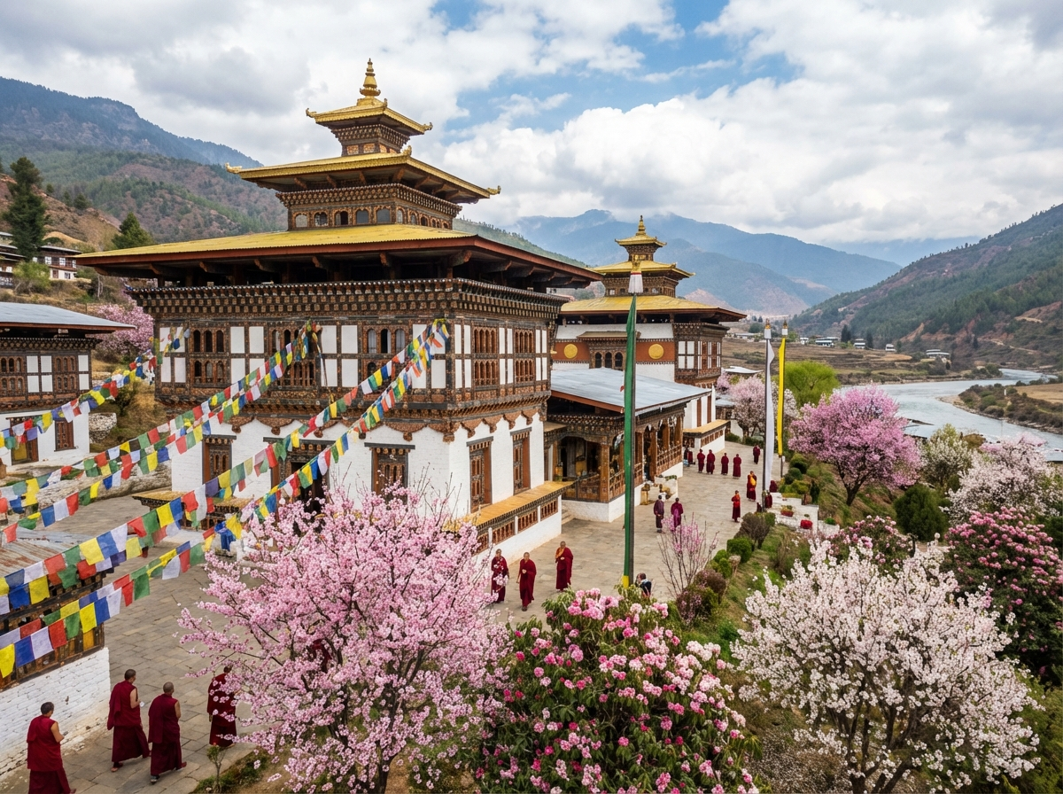Kurjey Lhakhang in Bumthang mit Gebetsfahnen und blühenden Bäumen