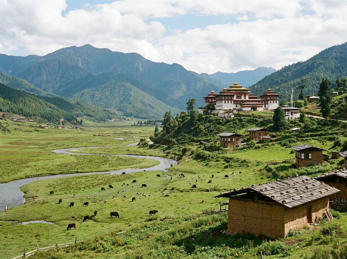 Weites grünes Phobjikha-Tal mit Sumpfwiesen und dem Gangtey-Kloster auf einem Hügel
