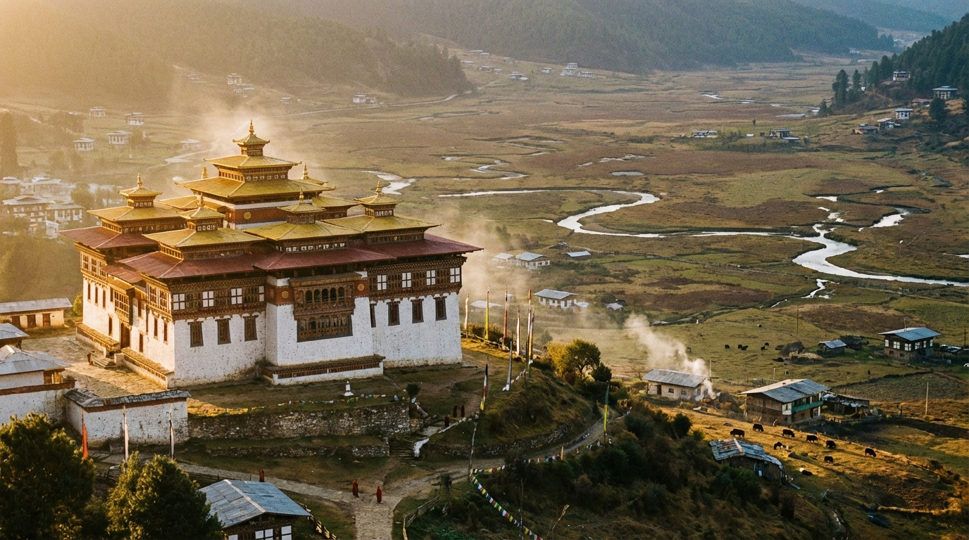 Gangtey Goenpa Kloster auf einem Hügel: Weißes Gebäude mit traditioneller bhutanischer Architektur, davor das weite grüne Phobjikha-Tal mit Bauernhäusern