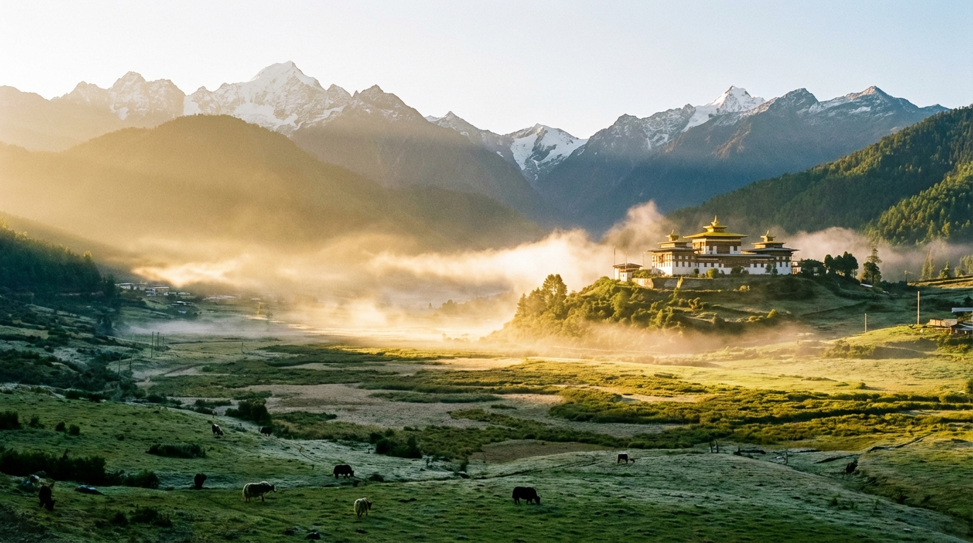 Panoramablick über das weite Phobjikha-Tal bei Sonnenaufgang mit Nebelschwaden über den Sumpfwiesen und dem Gangtey-Kloster auf einem Hügel im Hintergrund