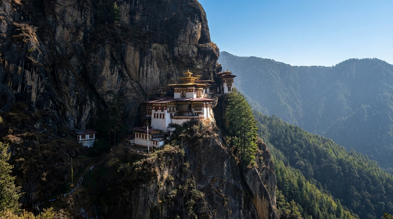 Taktsang Kloster (Tigernest) an steiler Felswand: Das weiße Gebäude mit goldenen Dächern klebt scheinbar schwerelos an der senkrechten Klippe, umgeben von Kiefern