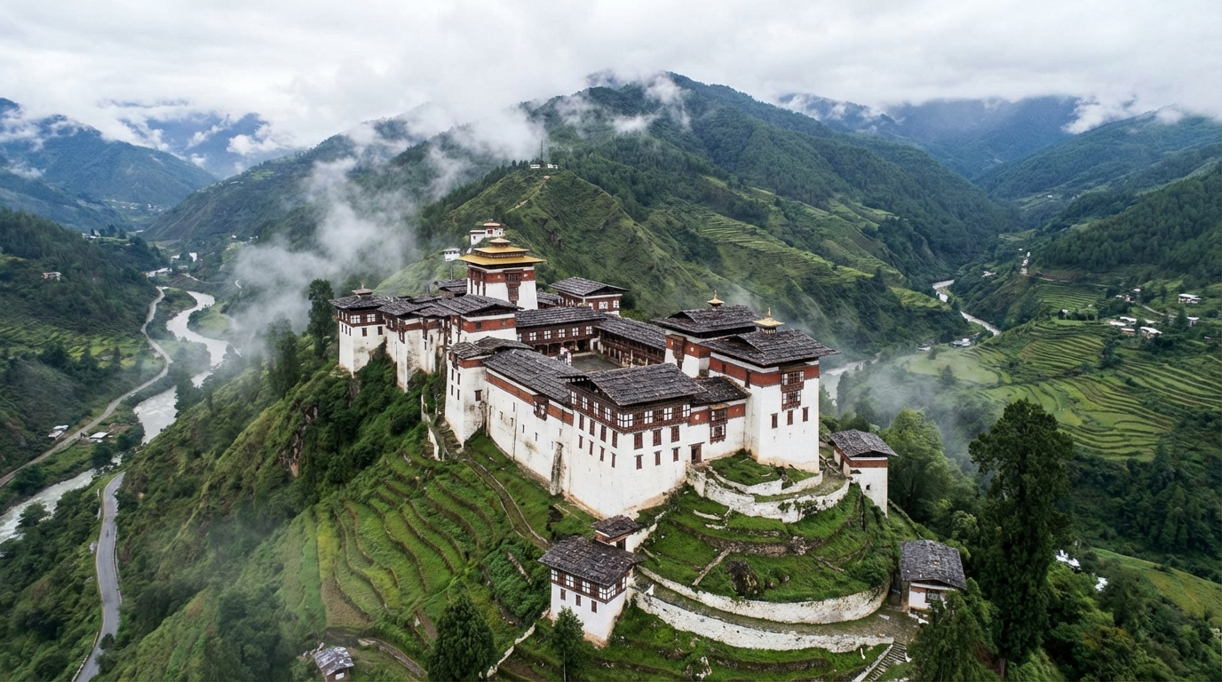 Trongsa Dzong: Massive weiße Klosterfestung auf einem Bergrücken, die sich über mehrere Stockwerke den Hang hinunterzieht, umgeben von grünen Berghängen und Nebelschwaden