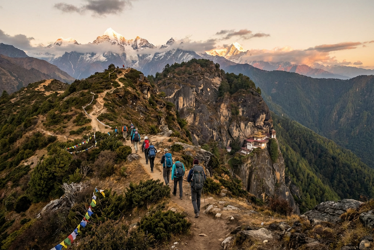 Wanderer auf dem Bumdra Trek: Ein schmaler Pfad führt über einen Bergrücken oberhalb der Baumgrenze, in der Ferne sind schneebedeckte Himalaya-Gipfel zu sehen, die Route führt zum Tigernest hinunter