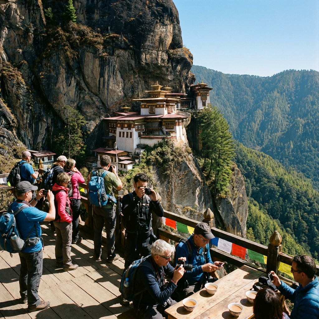 Der Aussichtspunkt bei der Cafeteria: Touristen machen Fotos vom Tigernest, das spektakulär an der gegenüberliegenden Felswand klebt, perfekter Blick über das gesamte Kloster