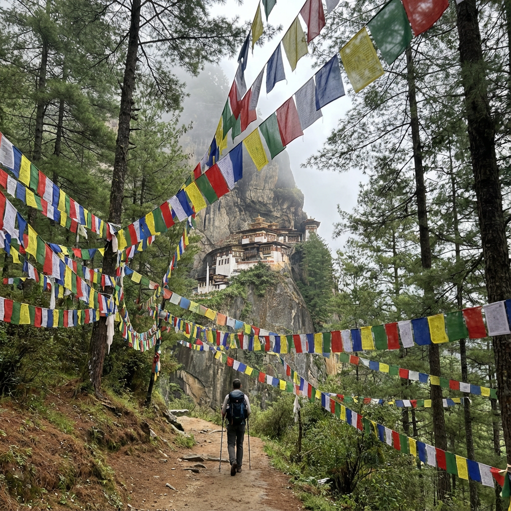 Der Wanderweg zum Tigernest: Bunte Gebetsfahnen spannen sich über den Pfad, ein Wanderer geht in Richtung des Klosters, das in der Ferne an der Felswand klebt