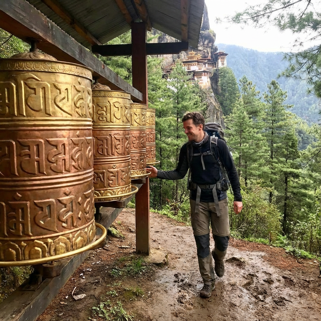 Gebetsmühlen am Weg: Vergoldete Gebetszylinder in einer Reihe, ein Wanderer dreht sie im Vorbeigehen, im Hintergrund der Kiefernwald des Wanderwegs