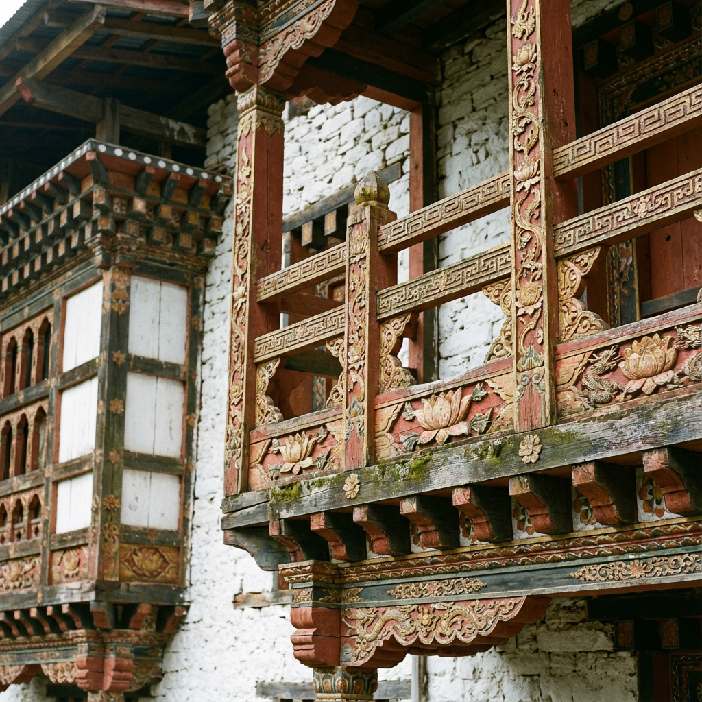 Detailaufnahme der Klosterarchitektur: Kunstvoll geschnitzte und bemalte Holzbalkone in Rot und Gold, typisch bhutanische Verzierungen, dahinter weiße Wände