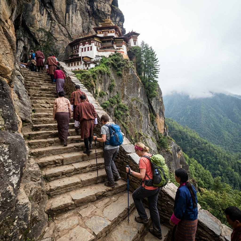 Die steilen Stufen zum Kloster: Pilger und Touristen steigen die in den Fels gehauenen Treppen hinauf, links die Felswand, rechts der Abgrund, das Kloster ist zum Greifen nah