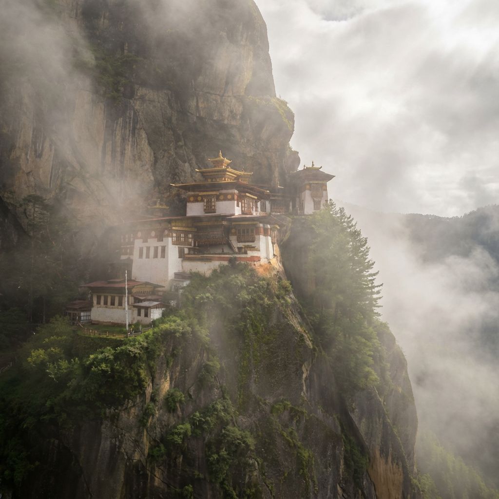 Das Tigernest im Morgennebel: Mystische Stimmung mit dem Kloster, das aus den Wolkenfetzen herausragt, die Felswand nur schemenhaft erkennbar, ein fast überirdischer Anblick