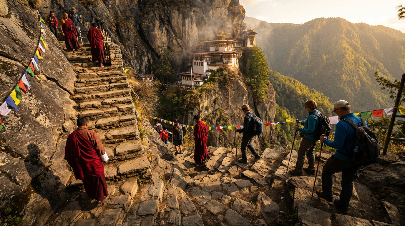 Die steilen Felstreppen zum Tigernest: Ein schmaler, in den Fels gehauener Weg mit unregelmäßigen Steinstufen führt an der Felswand entlang, rechts der Abgrund, links die Felswand, Pilger und Touristen gehen vorsichtig die Stufen hinauf, im Hintergrund das Kloster